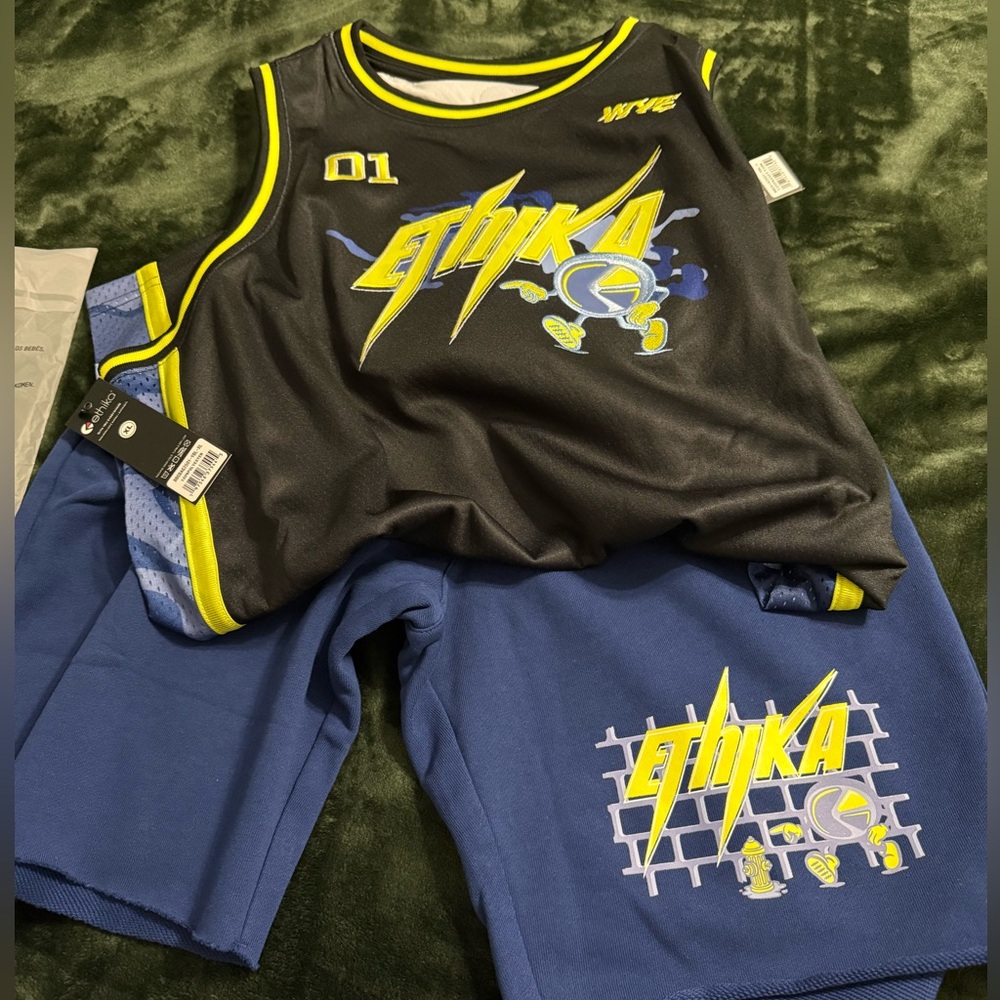 ethika Kids Black and Blue Graphic Basketball Jersey Set
With shorts